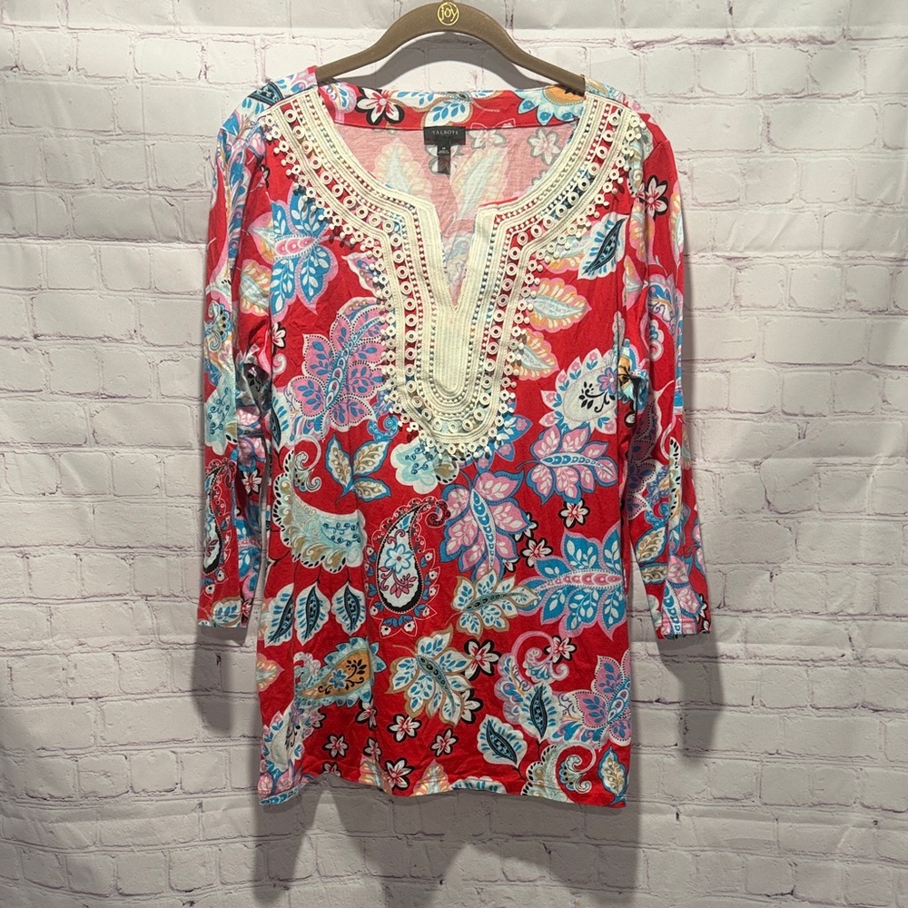 Talbots Red, Blue, and Pink Floral Paisley 3/4 sleeve lightweight Top Size Med